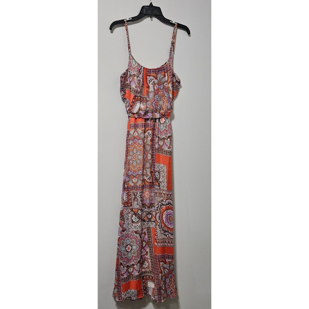 Metaphor Womens Orange Paisley Boho Maxi Dress Size 6 Spaghetti Strap Belted